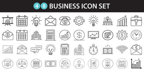 Business Line Icons Vector Set – 40 Editable Finance, Office, and Management Symbols