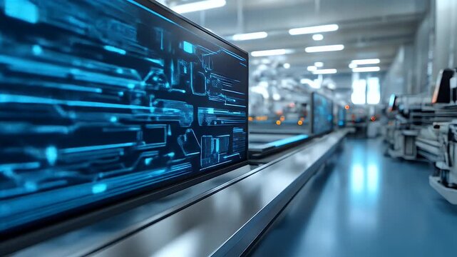 Edge AI integration pipeline animation. High-tech manufacturing facility showcasing automated assembly line with machinery