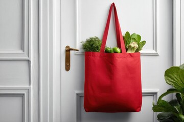 Red Tote Bag with Fresh Produce Hanging on White Door.