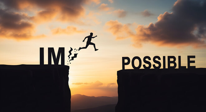 Silhouette of a man jumping from 'IM' to 'POSSIBLE' against a sunset symbolizing overcoming challenges and achieving goals with determination and a positive mindset