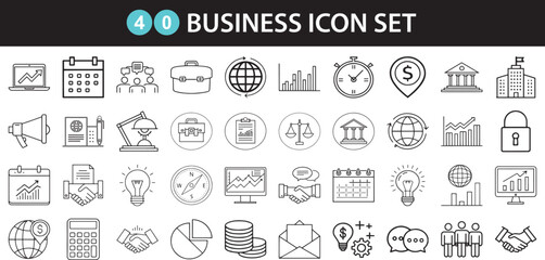 Business Line Icons Vector Set – 40 Editable Finance, Office, and Management Symbols