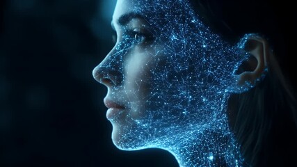 Edge AI integration pipeline animation. Ethereal portrait of a woman with a digital, glowing network overlay in dark space - Powered by Adobe