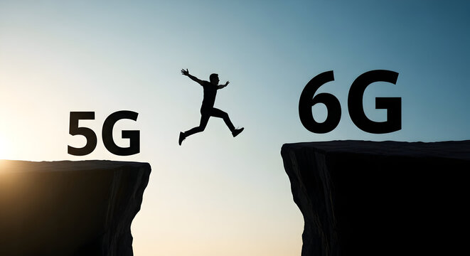 Silhouette of a person jumping from 5g to 6g over a cliff representing the transition and advancement in mobile network technology with a bright sky background