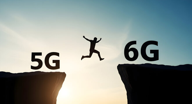 Man jumping from 5g to 6g technology over a cliff edge against a bright sky symbolizing progress and future connectivity in the digital age and telecommunications - Powered by Adobe