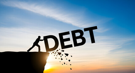 Overcoming debt financial freedom concept man pushing debt off a cliff financial planning and management