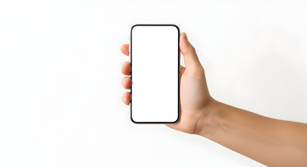 Hand holding smartphone mockup with blank white screen for app design and website presentation template