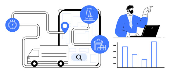 Delivery truck on map with location pin, stopwatch, factory, storage icons. Businessman reviewing bar charts on laptop. Ideal for logistics, supply chain, data analysis, productivity operations