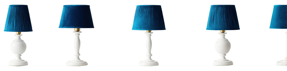 Five table lamps with matching blue shades and white bases
