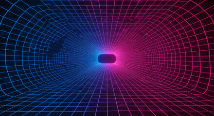 Endless retro sci-fi corridor with a glowing neon grid in pink and blue, representing a concept of digital cyberspace travel