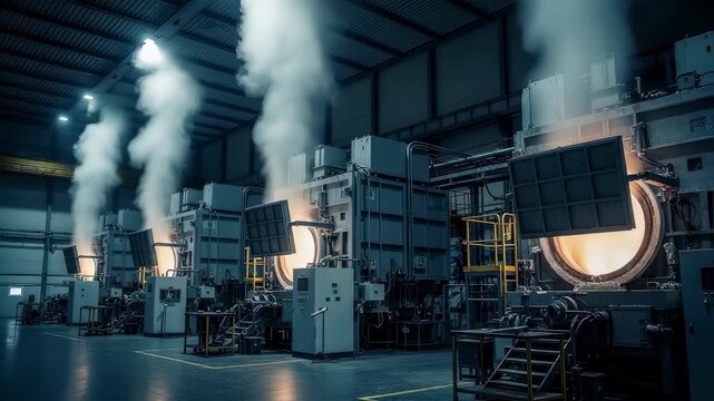 Steam and heat emission from sintering furnaces processing ceramic turbine vanes in a large climateregulated hall.