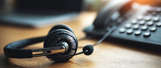 Headphones and phone on a wooden desk, customer service concept.