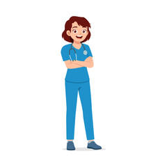 Happy Young Woman Doctor or Nurse Standing with Arms Crossed in Blue Uniform Illustration