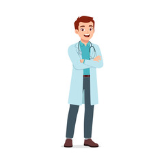 Fototapeta premium Smiling Caucasian Doctor in White Coat with Stethoscope Standing with Arms Crossed