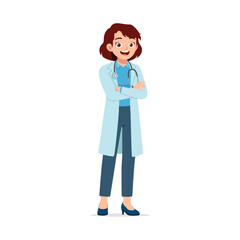 Fototapeta premium Happy Asian Woman Doctor Standing with Arms Crossed Smiling Wearing Lab Coat and Stethoscope