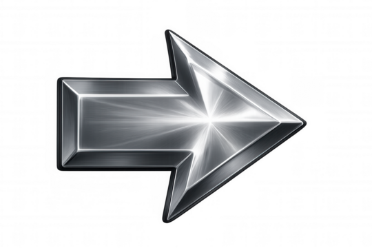 Metallic sharp arrow pointing rightward, transparent backdrop highlighting sleek navigation design element