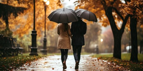 A couple sharing an umbrella while walking in the park