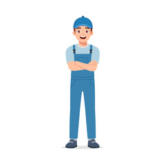 Happy Young Caucasian Technician Man Standing with Arms Crossed Wearing Workwear Cartoon Illustration
