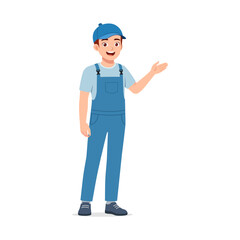 Smiling Technician Man Wearing Blue Overalls Presenting with Open Palm in Vector Illustration