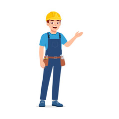 Happy Caucasian Mechanic Man Pointing Showing Wearing Overall and Yellow Safety Helmet Illustration