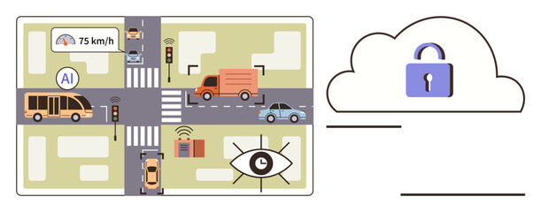 Urban intersection with vehicles, AI speed monitoring, surveillance, and secured cloud data storage. Ideal for AI, cybersecurity, urban planning, IoT, data management vehicle automation connected