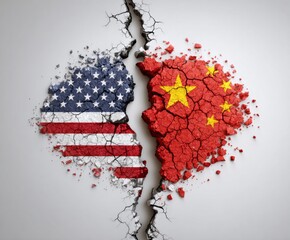 A fractured image of the United States and Chinese flags, symbolizing strained relations and division between the two nations.