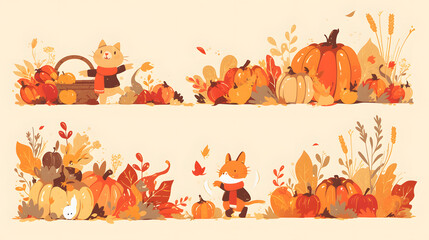 cute flat vector style cat playing in autumn