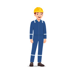 Happy Caucasian worker wearing uniform and safety helmet standing in full body view