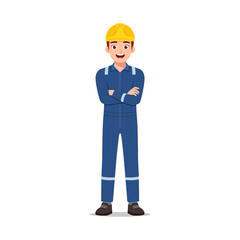 Happy Engineer with Arms Crossed in Blue Uniform and Yellow Hard Hat Cartoon Style Illustration