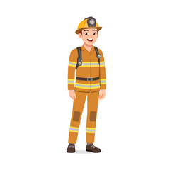 Smiling Young Caucasian Male Firefighter in Uniform Standing Tall Ready for Action