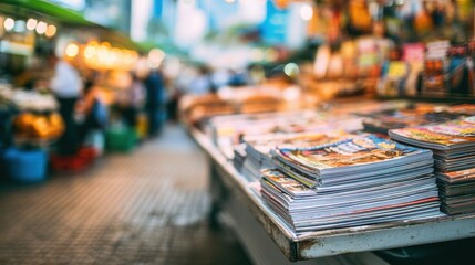 Medium shot showcasing a compact cartstyle newsstand with a focused stack of vibrant publications set against a softly blurred bustling market environment.