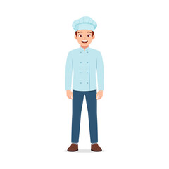 Smiling Young Chef Standing Straight Wearing Uniform Happy and Cheerful Mood
