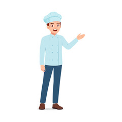 Happy Chef Man Presenting Something with Hand Wearing Blue Uniform Standing Isolated