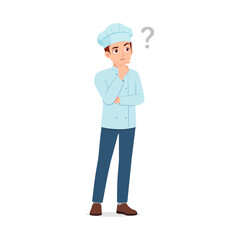 Pensive chef in uniform contemplating a question mark cartoon illustration