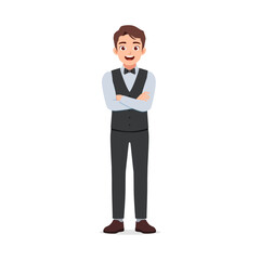 Standing Asian Man with Arms Crossed Smiling and Wearing a Formal Vest Outfit Illustration