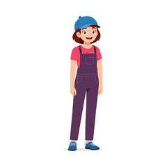 Young Woman Wearing Overalls and Cap Standing and Smiling Happily