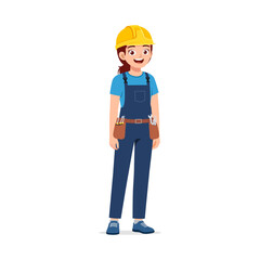 Young Woman in Overalls with Hard Hat Smiling and Standing with Full Body on White Background