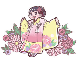 七五三の和服を着た女の子のイラスト
