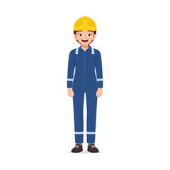 Smiling Young Woman Wearing Blue Coverall and Yellow Hard Hat in Full Body Pose