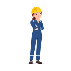 Woman Worker in Blue Jumpsuit and Yellow Helmet Thinking Pensive Expression