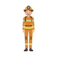 Full Shot of Smiling Caucasian Female Firefighter Standing in Uniform Cartoon Illustration