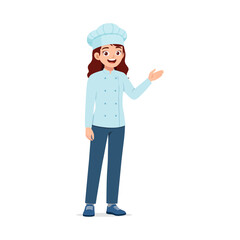Happy Chef Woman Character in Uniform Presenting with Open Hand Illustration Style
