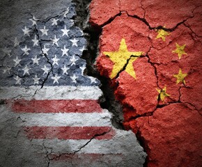 American and Chinese flags depicted on a cracked, dry surface, symbolizing strained relations.