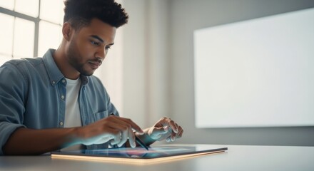 Focused young man using a glowing digital tablet with a stylus in a modern tech workspace.