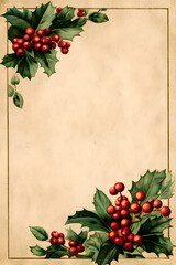 Side holly and evergreen border framing warm vintage parchment