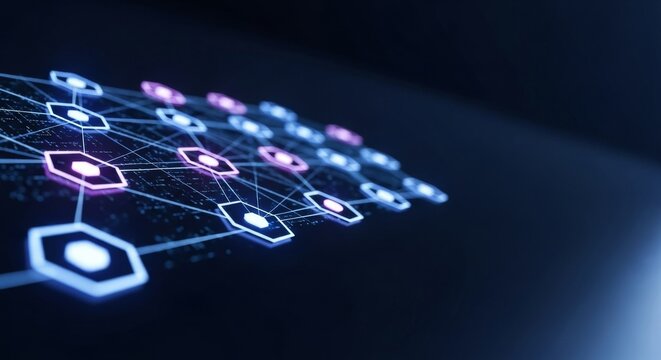 Abstract digital network of glowing hexagonal nodes, symbolizing blockchain technology and data connection.