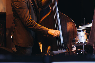 Concert view of contrabass violoncello player with vocalist and musical rock band during concert,...