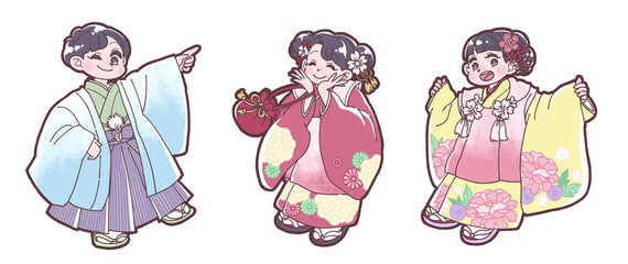 七五三の和服を着た子どもたちのイラスト