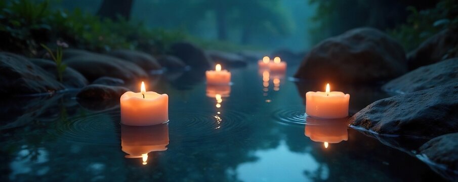 Mystical floating candles illuminate a dark pool of water, creating a serene and enchanting atmosphere Perfect for spa, meditation, and fantasy themes , light, nature