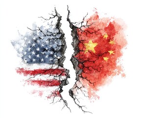 A fractured relationship between the United States and China, depicted by two national flags separated by a deep chasm of cracks, portrays a tense international situation.