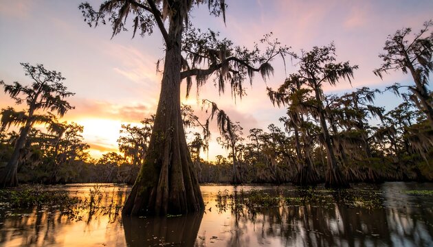 Sunrise over a cypress swamp
